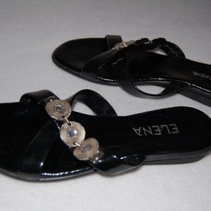 NWOT Elena Black Patent Leather Flat Sandals, Women Size US 7.5